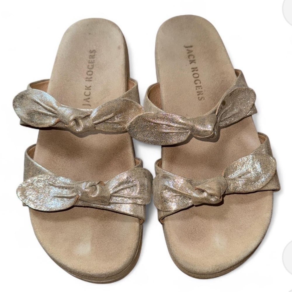 Jack Rogers Platinum Metallic Double Knot Monica Leather Platform Sandals. 9